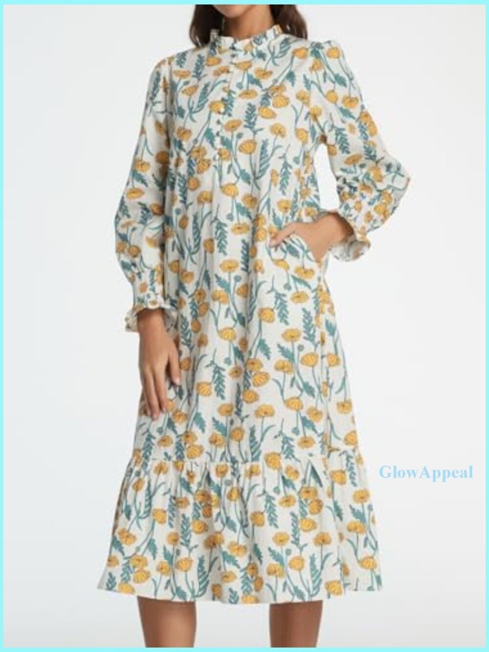 Cotton Midi Dress with Puff Sleeves and Mock Neck for Casual Wear - Picture 3 of 7